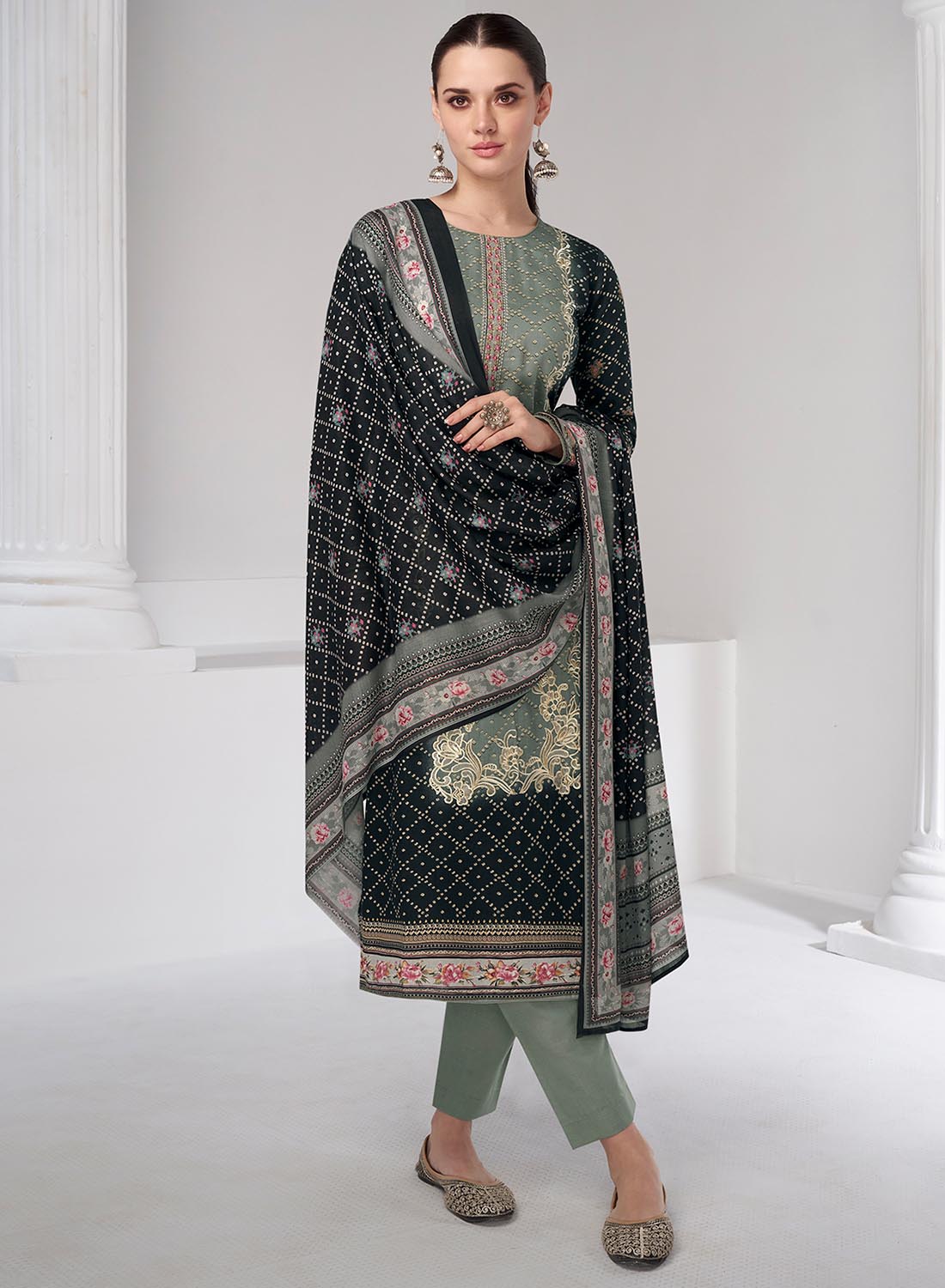 Mumtaz Arts Black Cotton Satin Embroidered Unstitched Suit Material