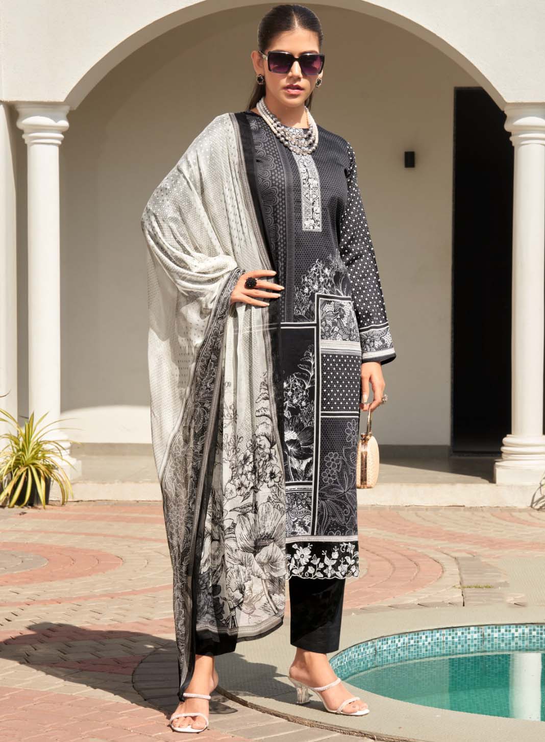 Black Cotton Satin Unstitched Suit Set Dress Material for Women
