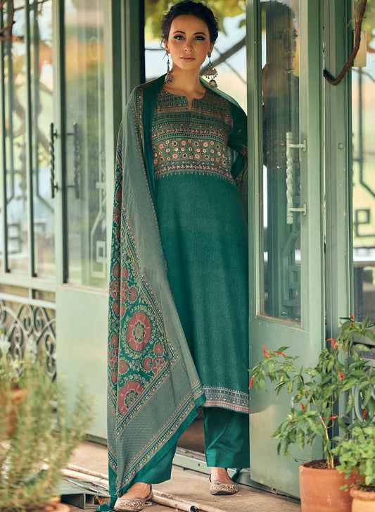 Women Green Unstitched Pashmina Winter Suit Material with Shawl