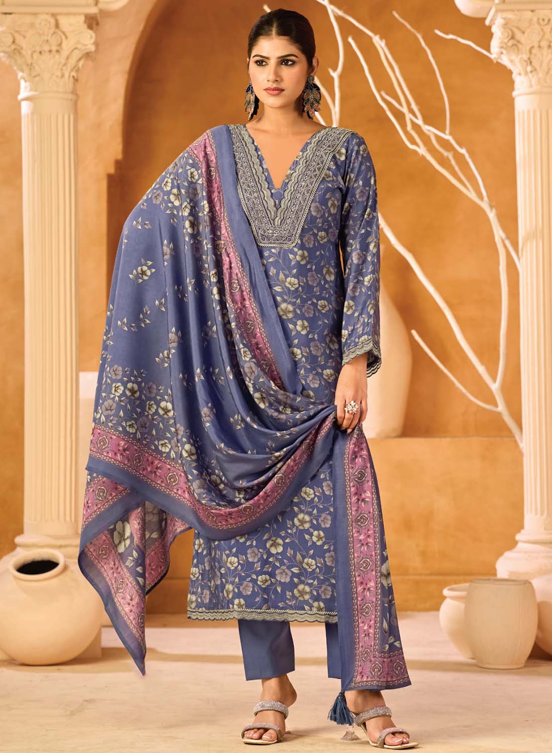Party Wear Muslin Silk Unstitched Salwar Suit Dress Material with Dupatta