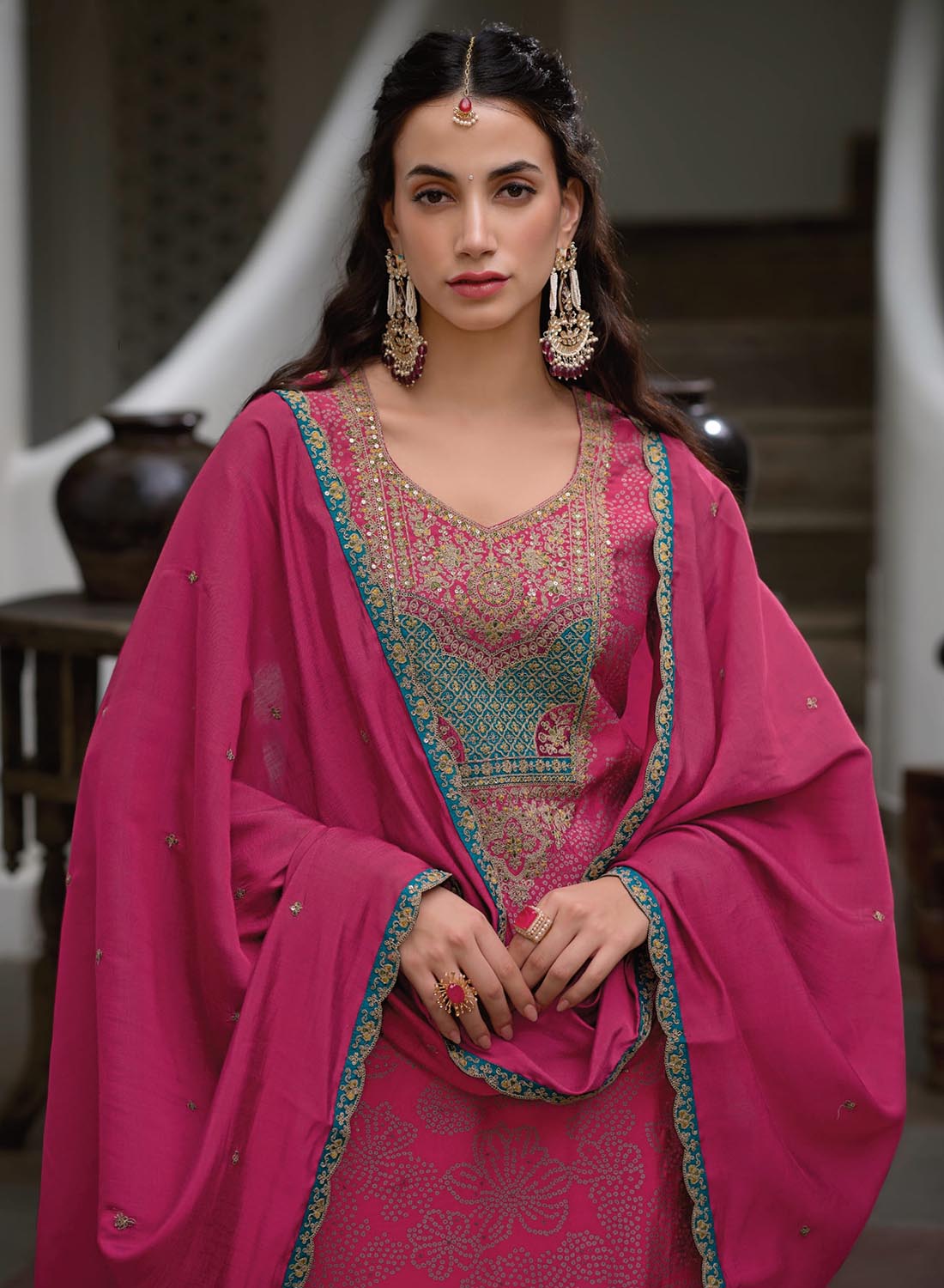 Pink Party Wear Modal Silk Unstitched Suit Material with Embroidery