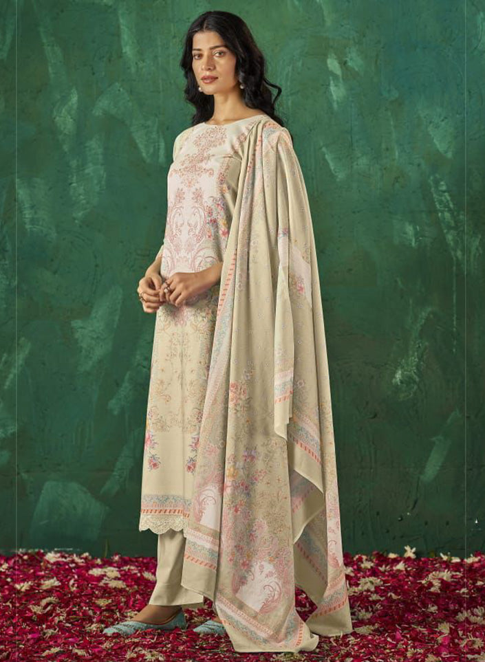 Pure Cotton Lawn Beige Unstitched Salwar Suit Material with Dupatta