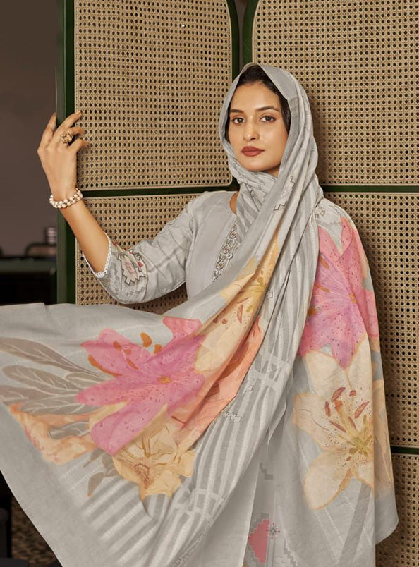 Pure Lawn Cotton Grey Unstitched Suit Summer Dress Material with Dupatta