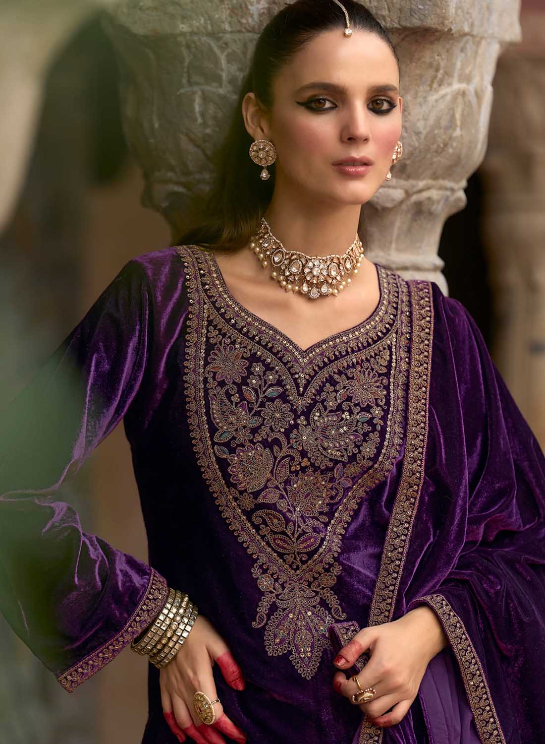 Party Wear Purple Velvet Unstitched Suit Set Dress Material with Dupatta