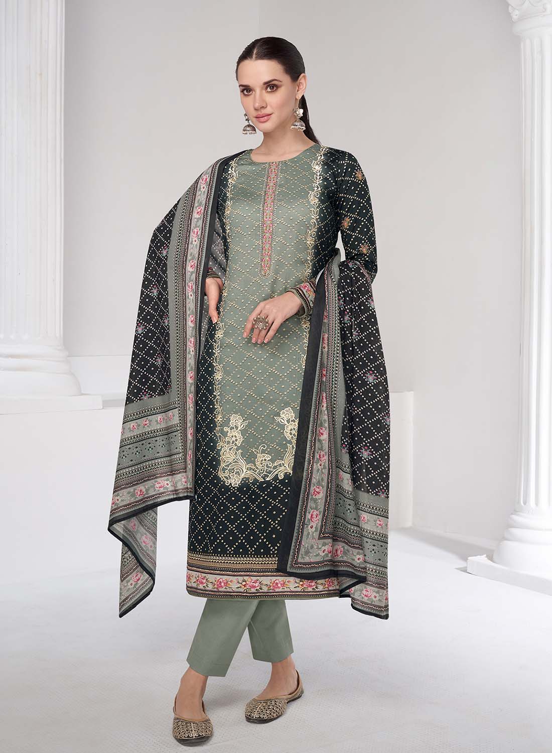 Mumtaz Arts Black Cotton Satin Embroidered Unstitched Suit Material