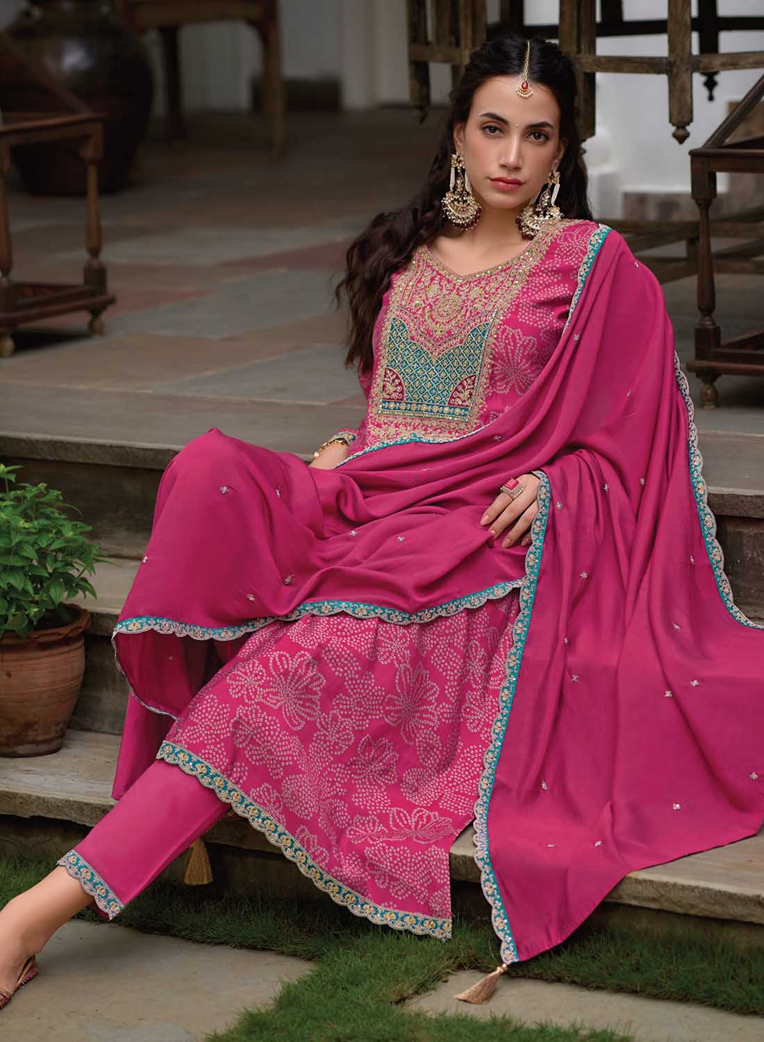 Pink Party Wear Modal Silk Unstitched Suit Material with Embroidery