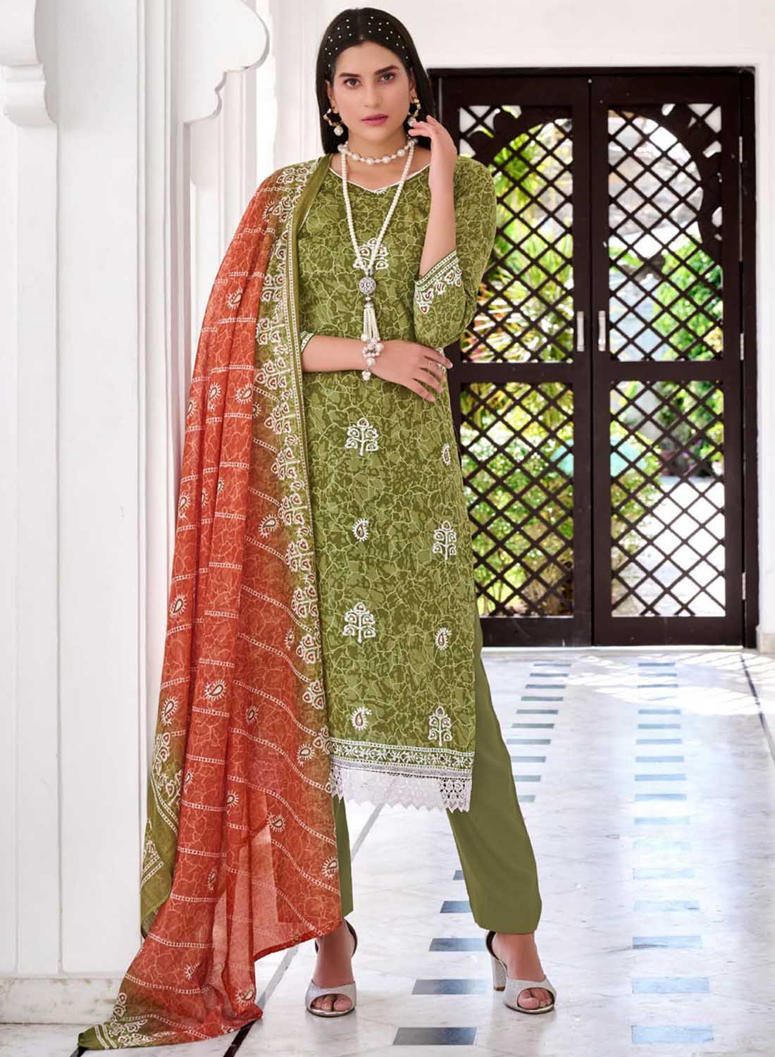 Pure Cotton Green Unstitched Suit Material with Mirror and Lace Work