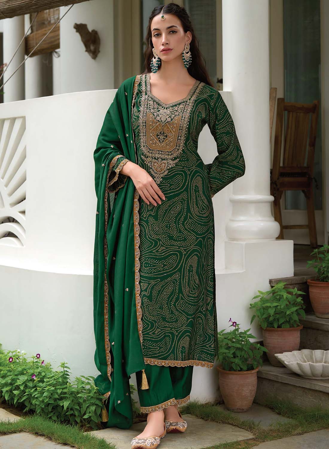 Green Party Wear Modal Silk Unstitched Suit Material with Embroidery