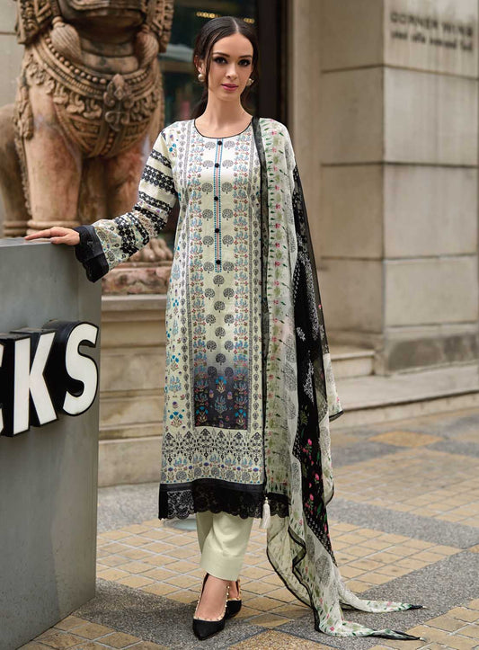 Kilory Unstitched Pure Lawn Cotton Off-White Suit Material for Women