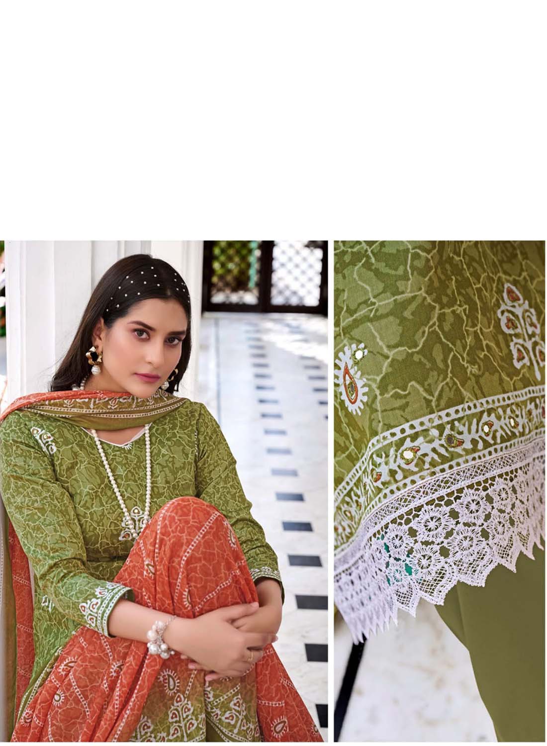 Pure Cotton Green Unstitched Suit Material with Mirror and Lace Work
