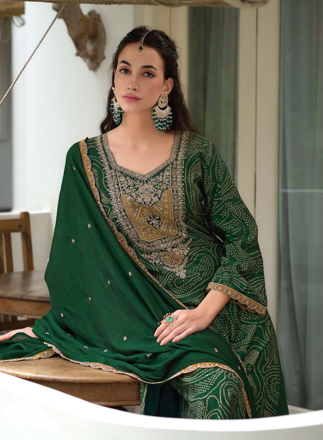 Green Party Wear Modal Silk Unstitched Suit Material with Embroidery