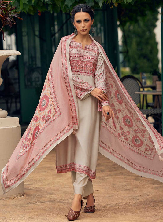 Women Beige Unstitched Pashmina Winter Suit Dress Material with Shawl