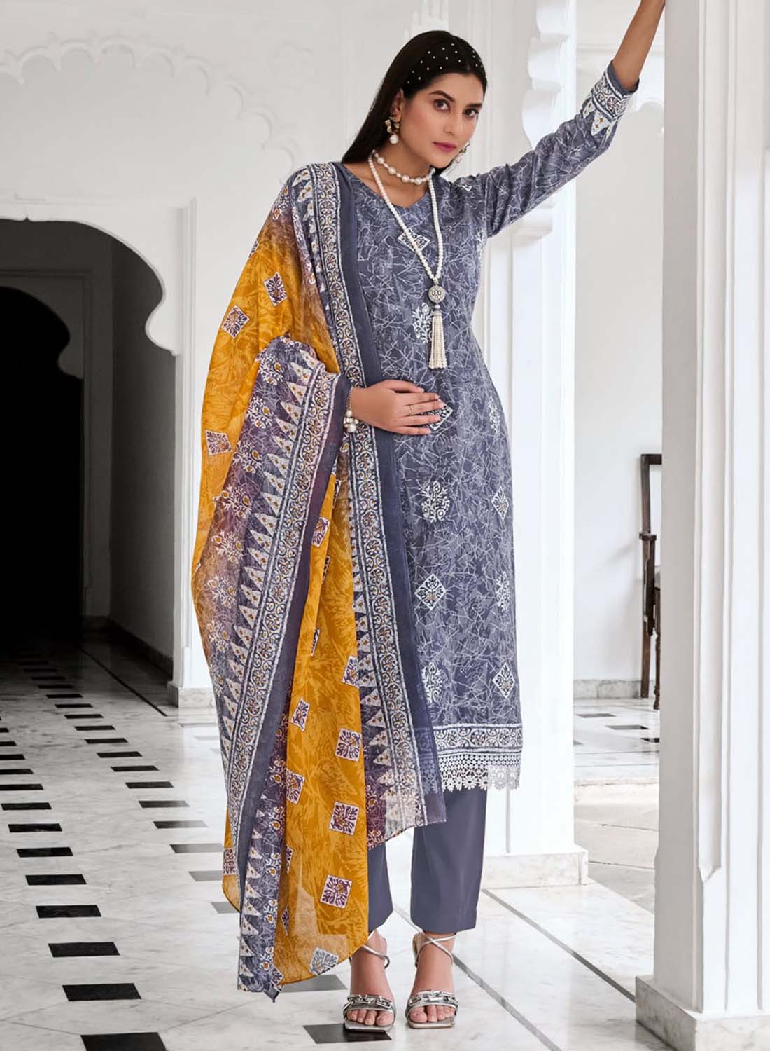 Pure Cotton Unstitched Suit Material with Mirror and Lace Work
