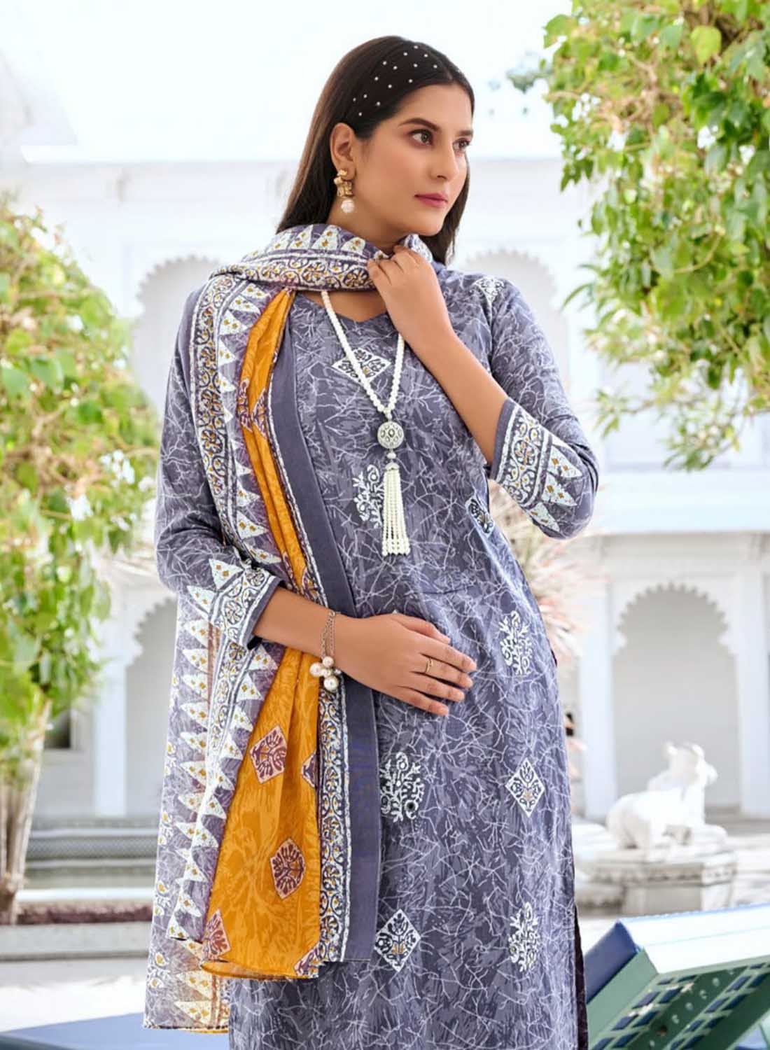 Pure Cotton Unstitched Suit Material with Mirror and Lace Work