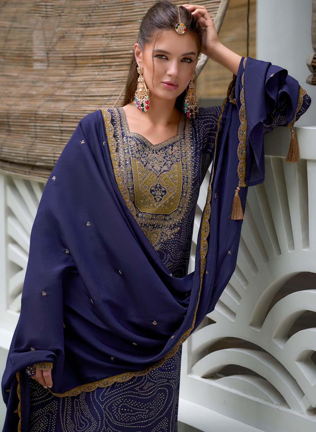 Blue Party Wear Modal Silk Unstitched Suit Material with Embroidery