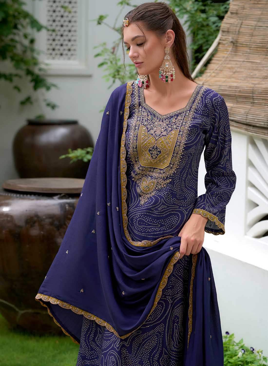 Blue Party Wear Modal Silk Unstitched Suit Material with Embroidery