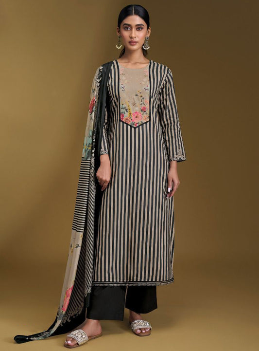 Black Pure Lawn Cotton Unstitched Salwar Suit Material with Silk Dupatta