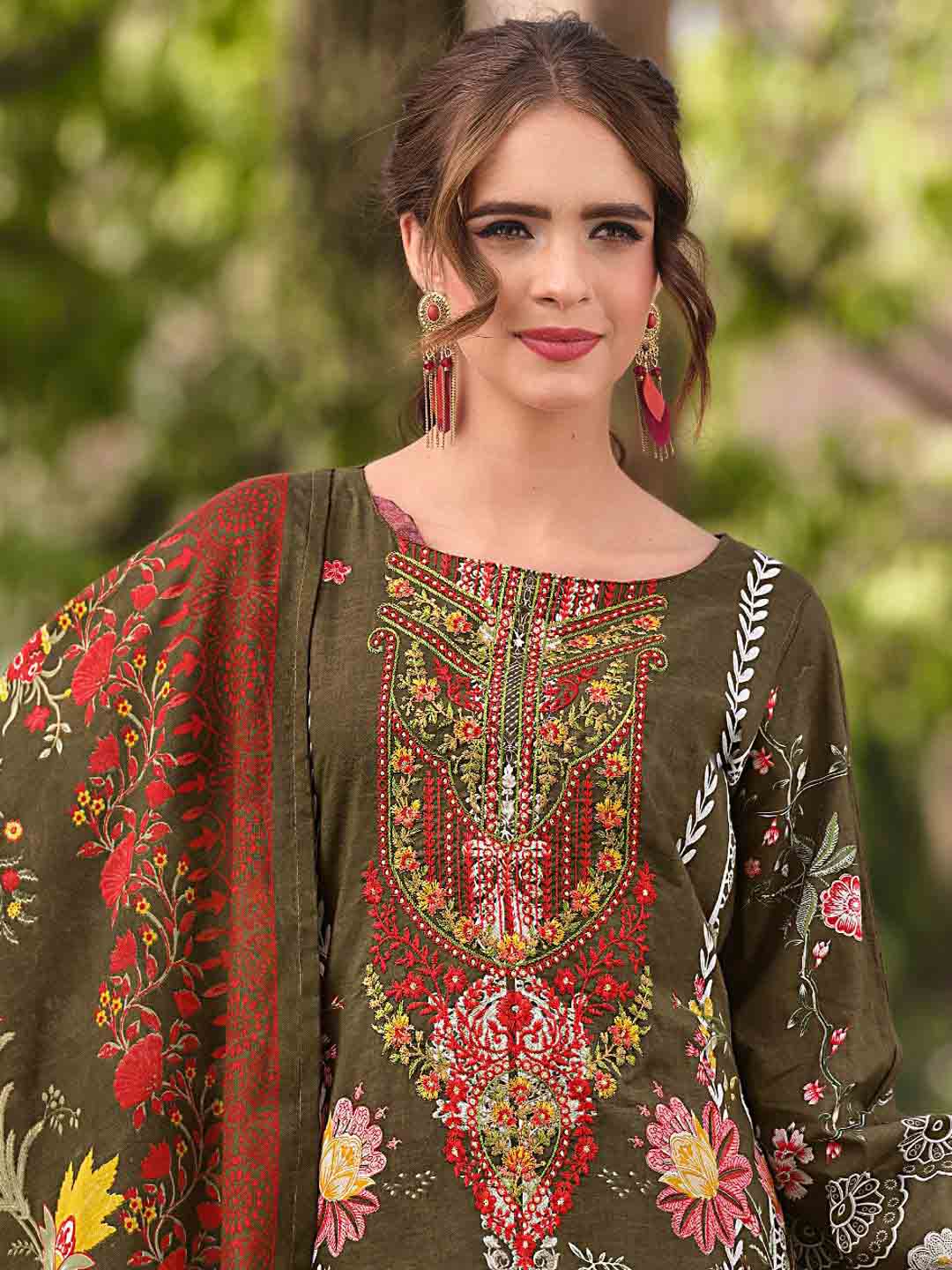 Green Pakistani Print Unstitched Cotton Suit with Embroidery