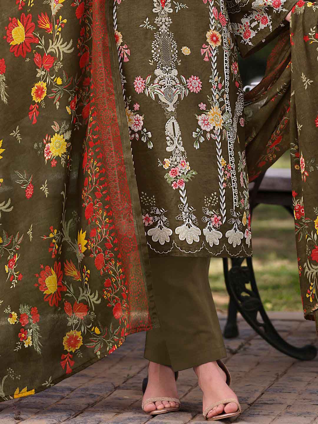 Green Pakistani Print Unstitched Cotton Suit with Embroidery