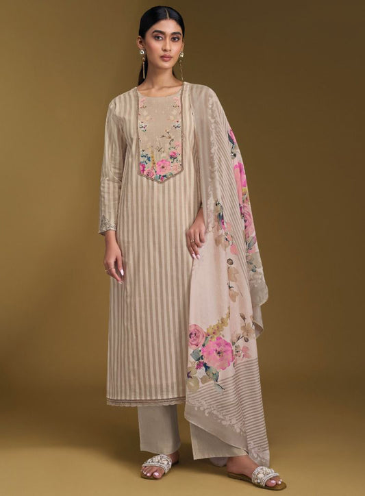 Cream Pure Lawn Cotton Unstitched Salwar Suit Material with Silk Dupatta