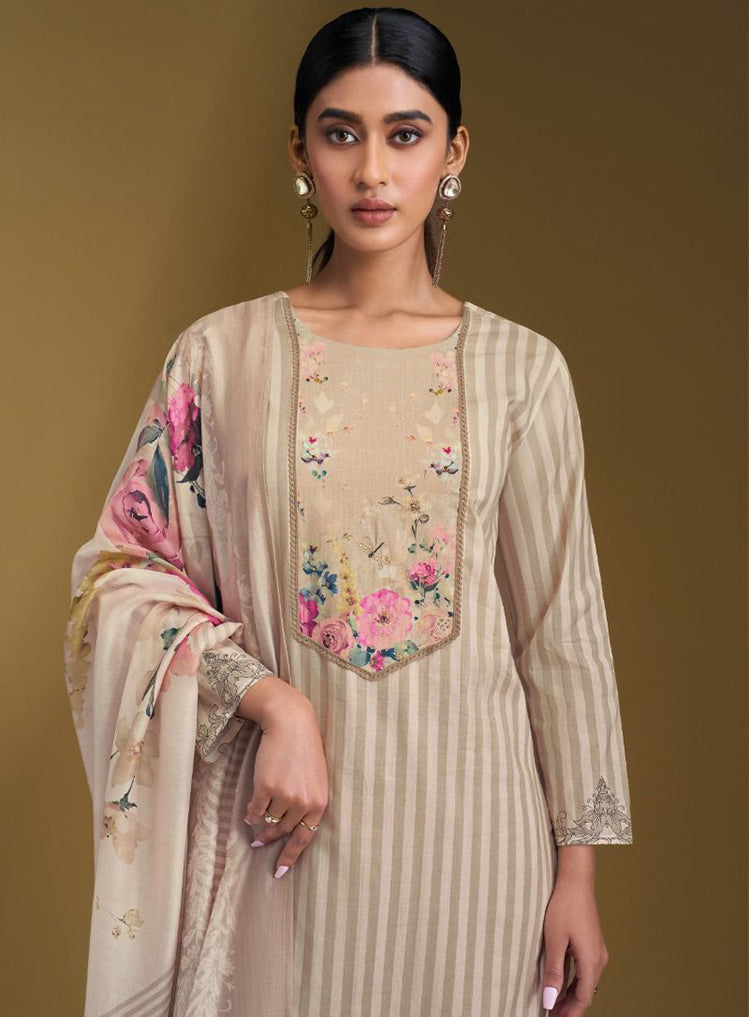 Cream Pure Lawn Cotton Unstitched Salwar Suit Material with Silk Dupatta