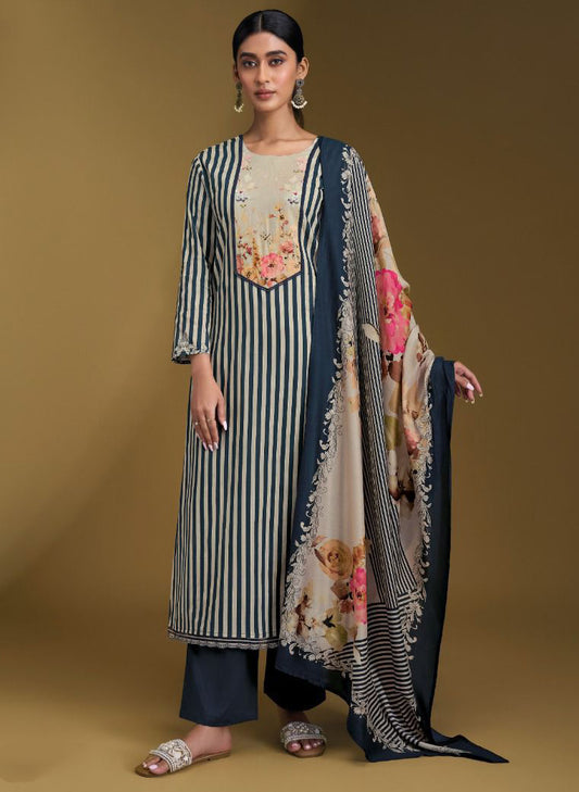 Blue Pure Lawn Cotton Unstitched Salwar Suit Material with Silk Dupatta