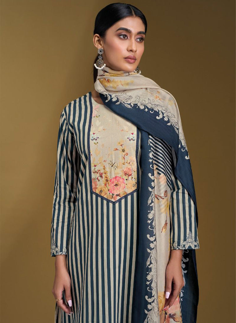 Blue Pure Lawn Cotton Unstitched Salwar Suit Material with Silk Dupatta