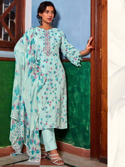 Zulfat Daily Wear Unstitched Women Cotton Suit Set Sea Green Zulfat