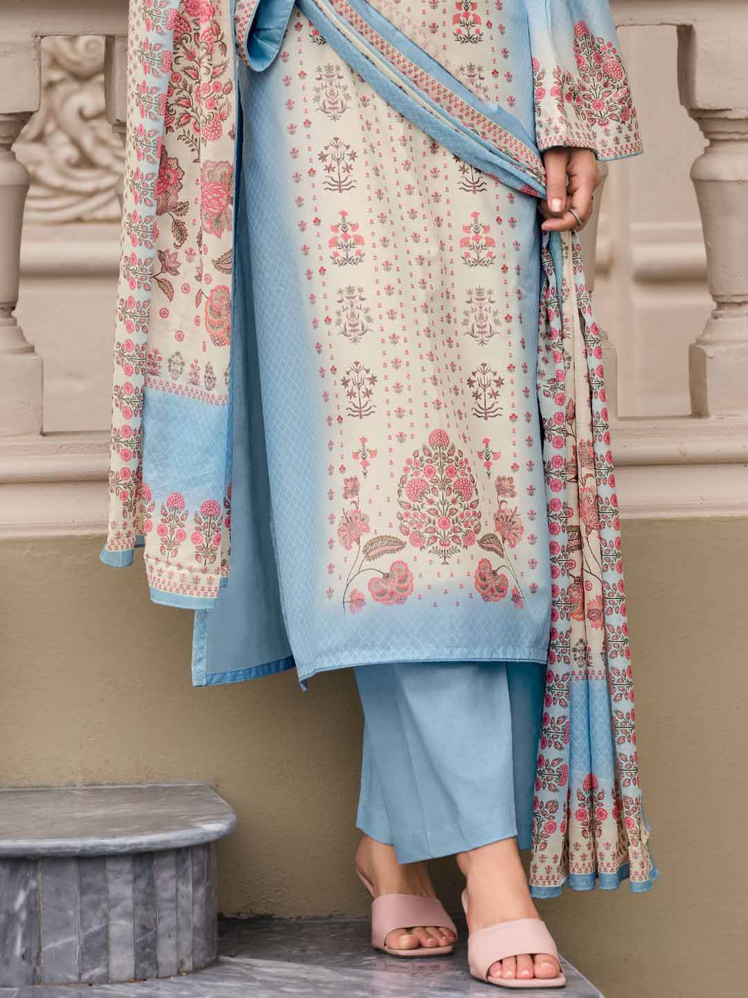 Sky Blue Cotton Printed Unstitched Women Salwar Suit Fabric Fida