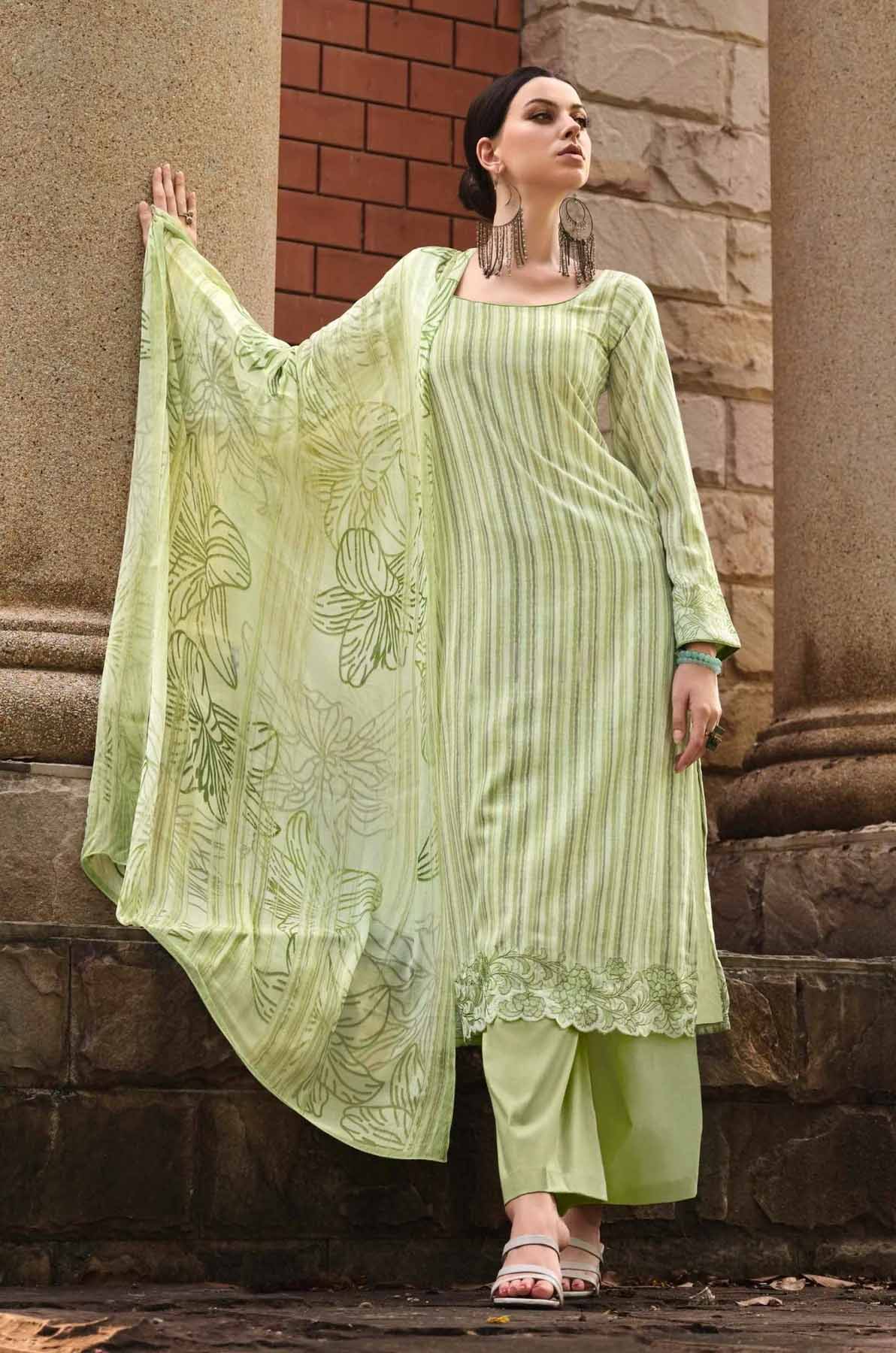 Yesfab Unstitched Cotton Women Salwar Suits with Chinnon Dupatta Green