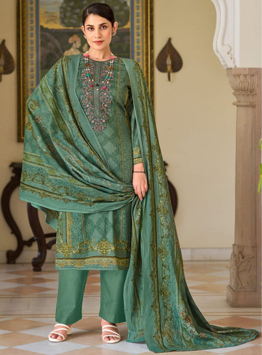 Pure Cambric Cotton Green Unstitched Suit Dress Material for Women