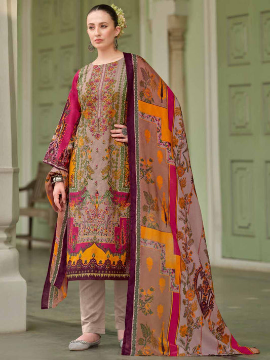 Pakistani Print Brown Unstitched Pure Cotton Suit Material with Embroidery