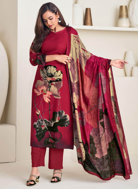 Party Wear Pure Viscose Muslin Red Unstitched Suit Material for Women