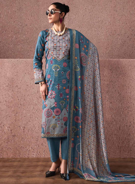 Teal Unstitched Cotton Salwar Suit Dress Material with Muslin Dupatta