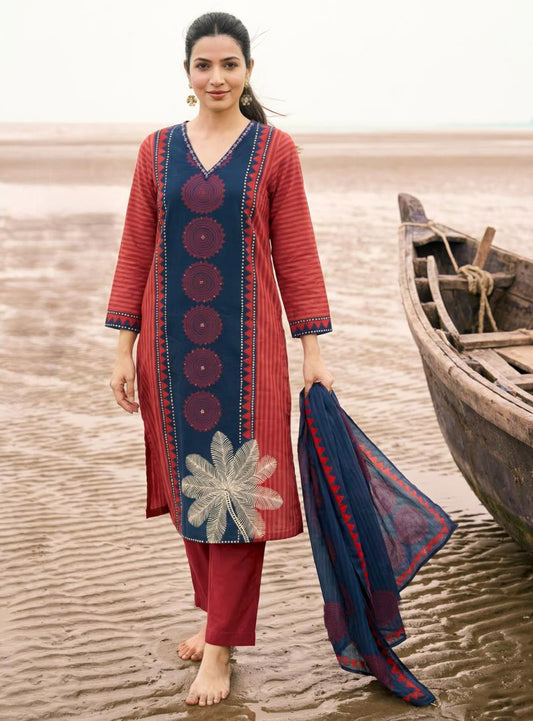 Pure Cotton Lawn Printed Red Unstitched Salwar Suit for Women