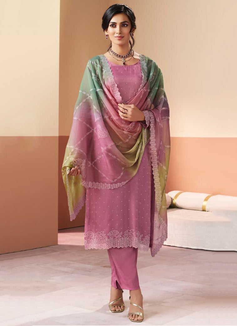 Party Wear Pink Glitter Silk Unstitched Salwar Suit Material for Women