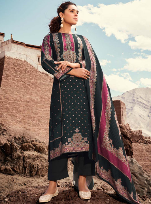 Rupali Black Pashmina Unstitched Winter Suit Dress Material with Handwork
