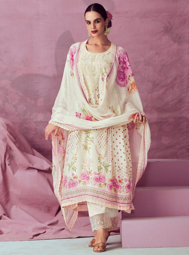 Kimora Pure Muslin White Unstitched Suit Dress Material with Embroidery