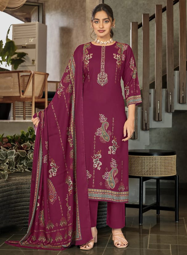 Viscose Pashmina Unstitched Winter Suit Material with Neck Embroidery