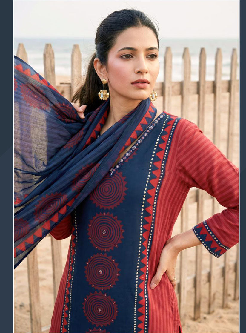 Pure Cotton Lawn Printed Red Unstitched Salwar Suit for Women