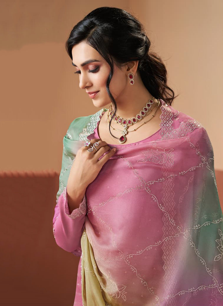 Party Wear Pink Glitter Silk Unstitched Salwar Suit Material for Women