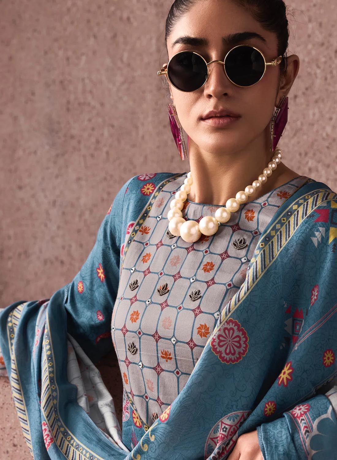 Teal Unstitched Cotton Salwar Suit Dress Material with Muslin Dupatta