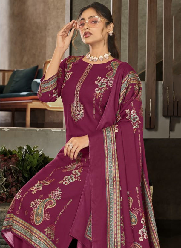 Viscose Pashmina Unstitched Winter Suit Material with Neck Embroidery