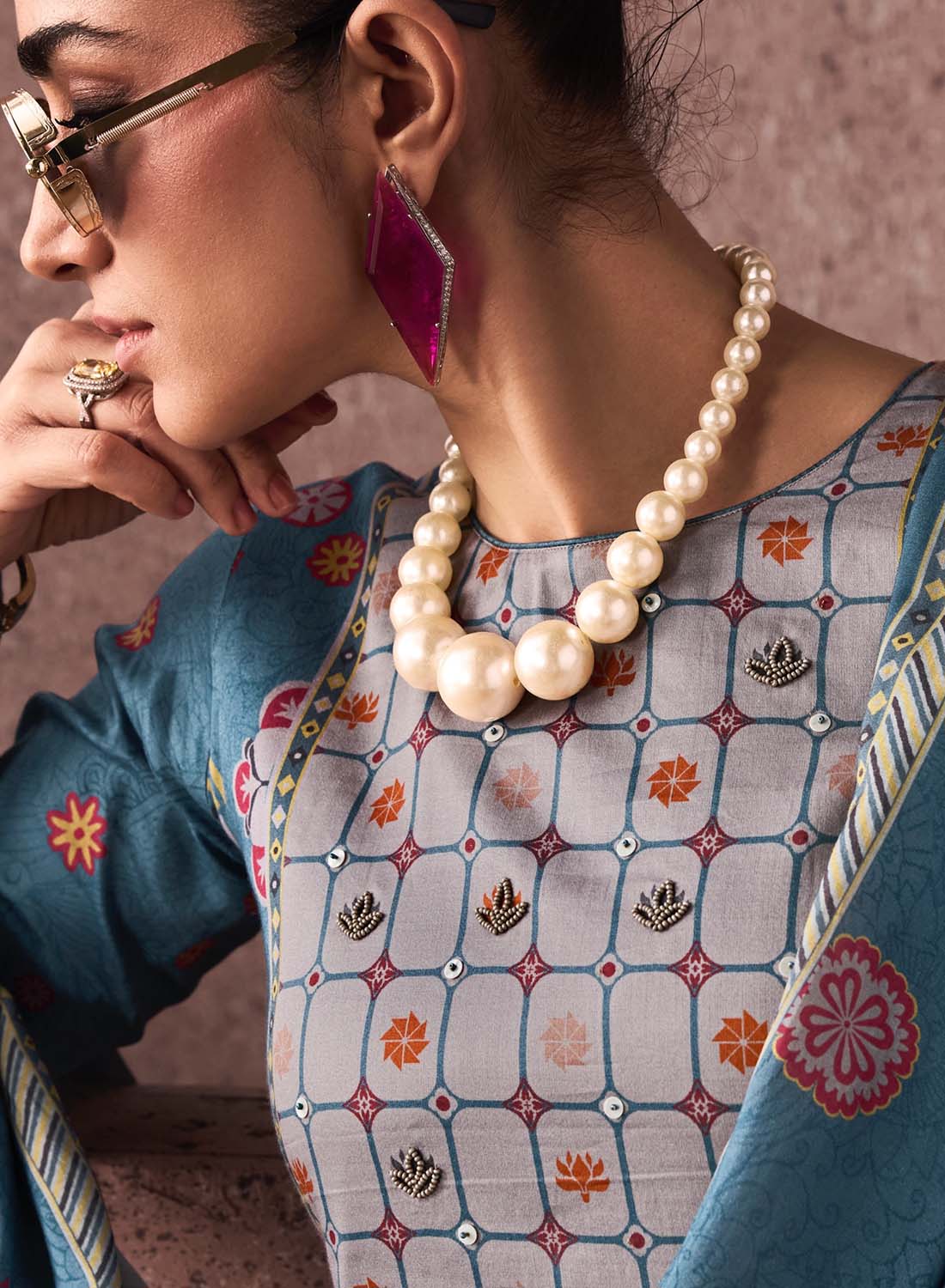 Teal Unstitched Cotton Salwar Suit Dress Material with Muslin Dupatta