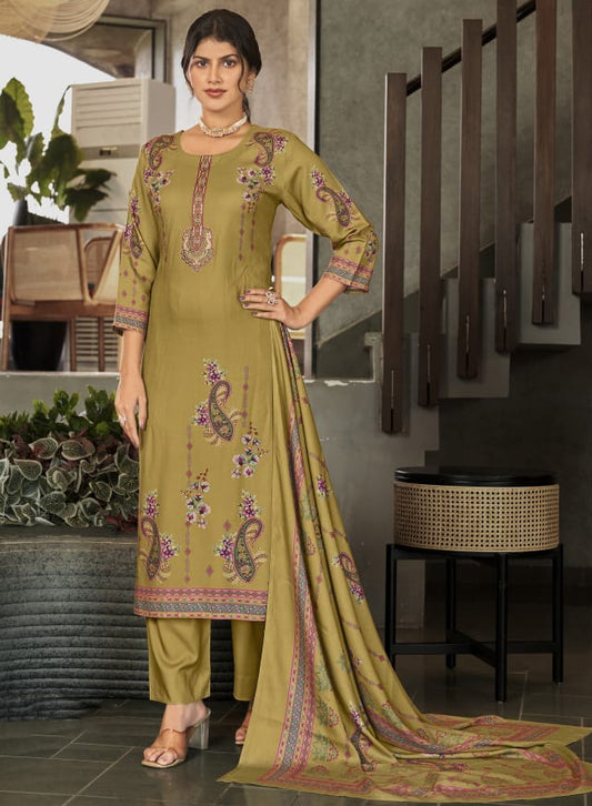 Viscose Pashmina Unstitched Winter Suit Dress Material with Neck Embroidery