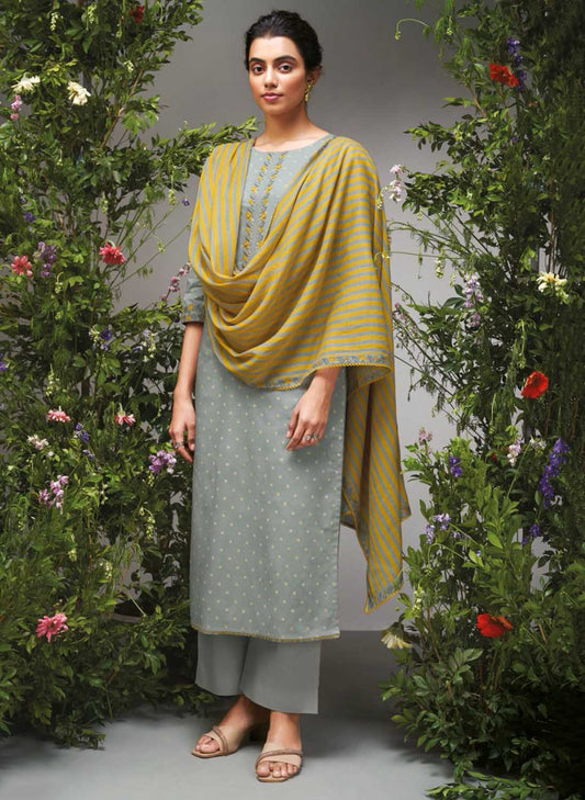 Ganga Pure Cotton Grey Unstitched Suit Dress material for Women