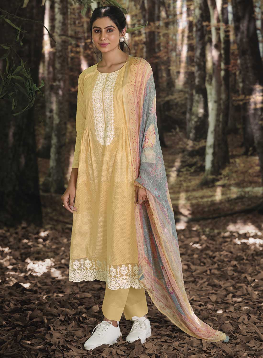 Light Yellow Unstitched Lawn Cotton Suit Dress Material with Embroidery