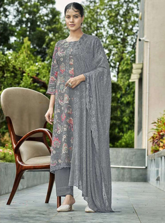 Rivaa Unstitched Grey Pashmina Winter Suit with Chiffon Dupatta