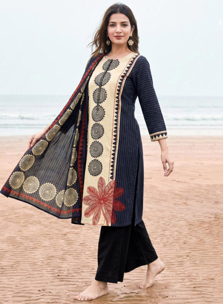 Pure Cotton Lawn Printed Dark Blue Unstitched Salwar Suit for Women