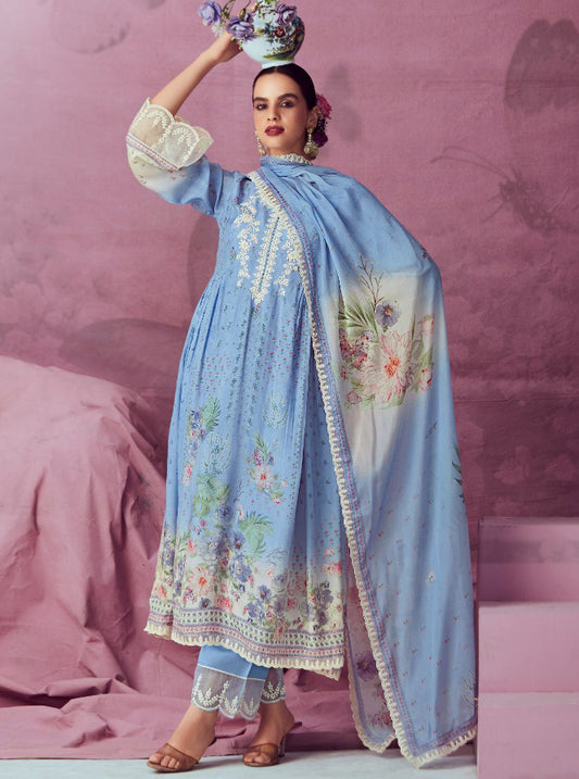 Kimora Pure Muslin Blue Unstitched Suit Dress Material with Embroidery